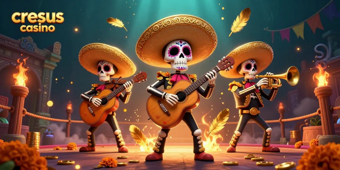 Découvrez l'énergie vibrante du casino Cresus avec une scène dynamique de mariachis en 3D remplie d'éléments de casino.