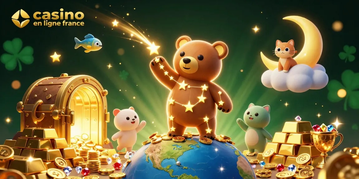 Plongez dans l'univers des jeux sur le casino en ligne France, avec un ours constellation dorée et des étoiles filantes.