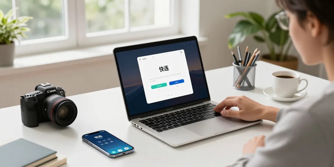 快连 installation process in a bright home office, showing a user engaging with technology.