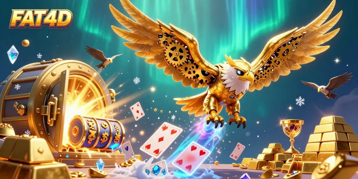 FAT4D offers the latest casino jackpots with a 3D golden eagle soaring through a colorful card cascade, enhancing player excitement.