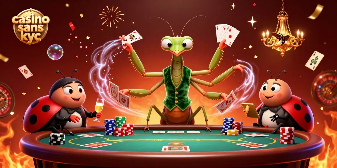 Le casino sans KYC permet de jouer sans vérification d'identité avec une ambiance animée de cartes et de jetons.
