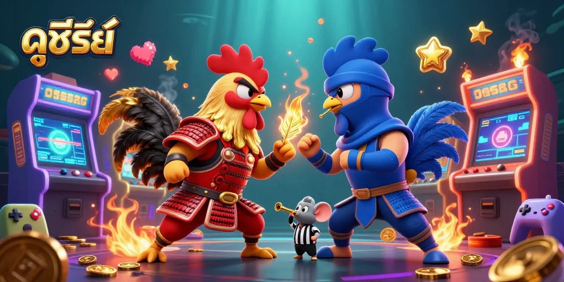 Engage in the excitement of ดูซีรี่ย์ with dynamic rooster fight scene amidst colorful casino elements.