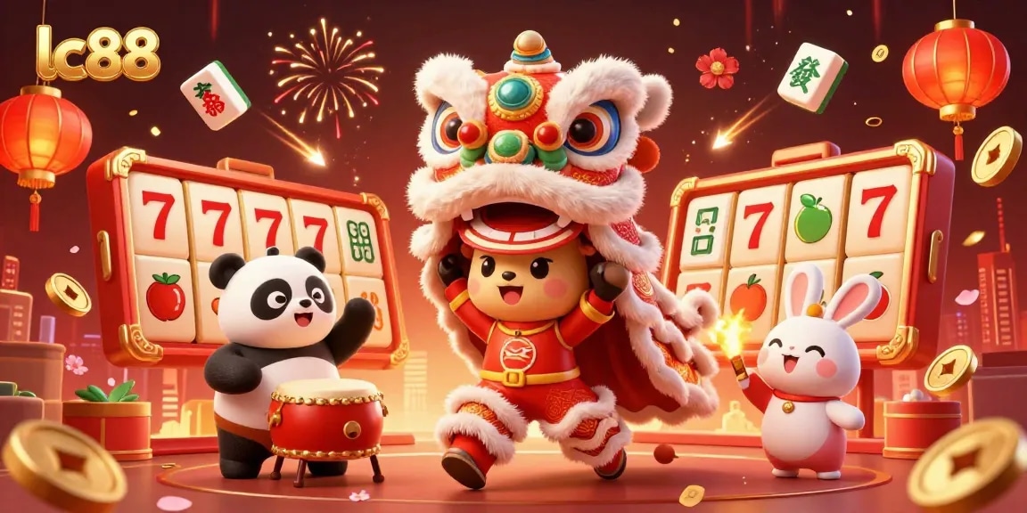 Experience the excitement of lc88 with vibrant slot reels and festive characters in a dynamic casino scene.