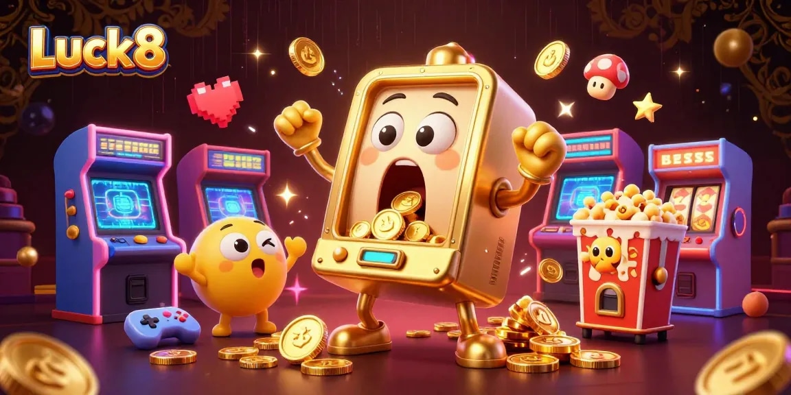 Luck8 slot machine hitting jackpot surrounded by colorful game elements in vibrant casino scene