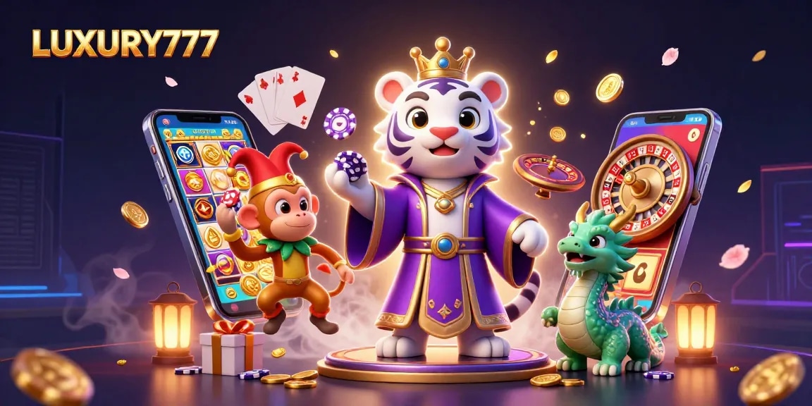LUXURY777 bermain slot dengan karakter harimau dan monyet, serta elemen kasino yang menawan.