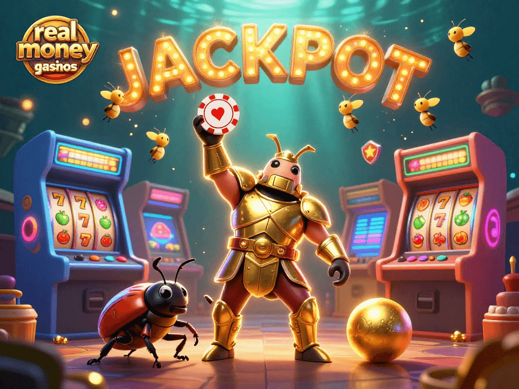 Engage in real money casino games with vibrant characters and gaming elements in an exciting scene.