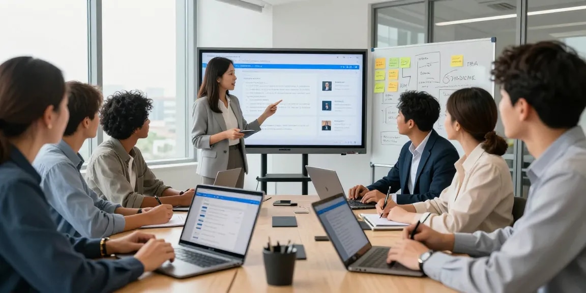 Team collaborating on WPS下载 features in a modern office setting, showcasing productivity.