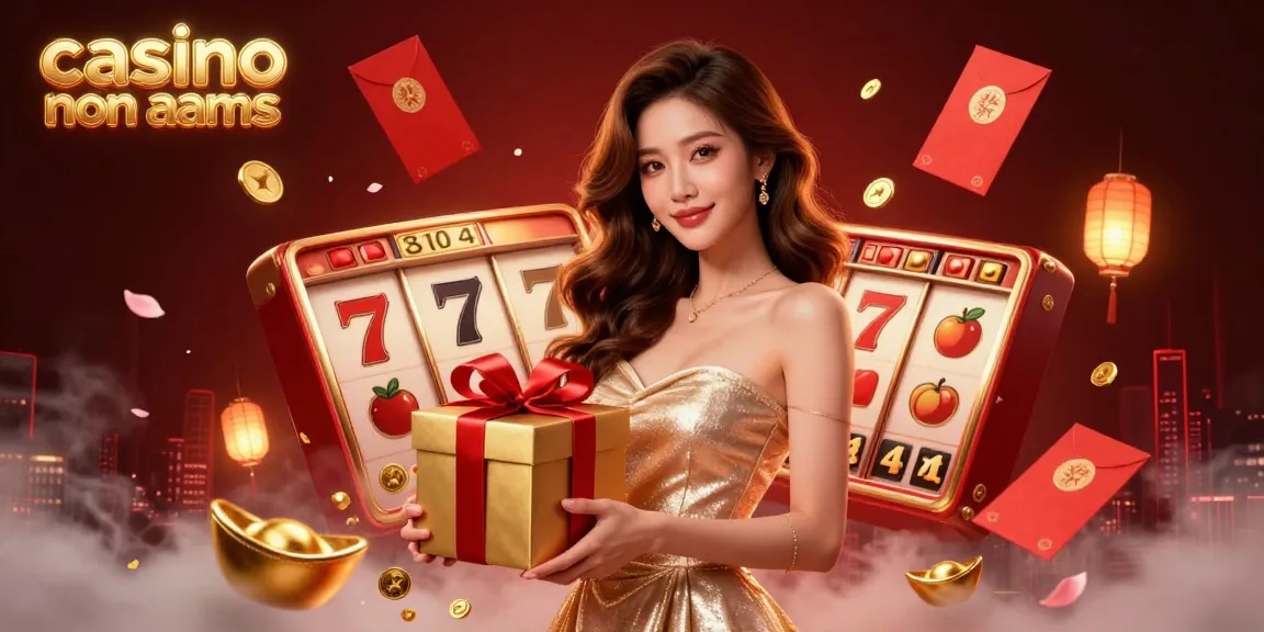 Vivi l'emozione nei casino non aams con una donna asiatica glamour circondata da elementi festivi di gioco.