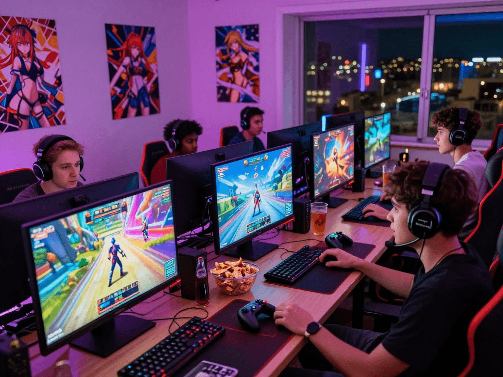 Engaged players enjoying a multiplayer hentai game with vibrant visuals and snacks.