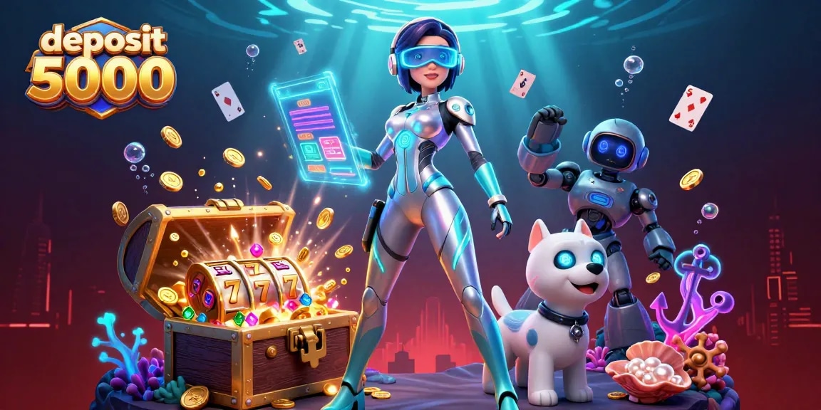 Engage with the action of deposit 5000 as a stunning woman and a robot dog navigate a glowing slot machine universe.