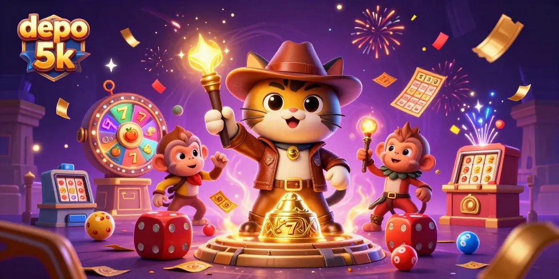 Experience thrilling gameplay with depo 5k, featuring colorful slot reels and a dynamic gambling scene.