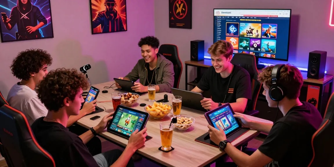 Situs Resmi Dominobet gaming scene with friends enjoying exciting online games on various devices.