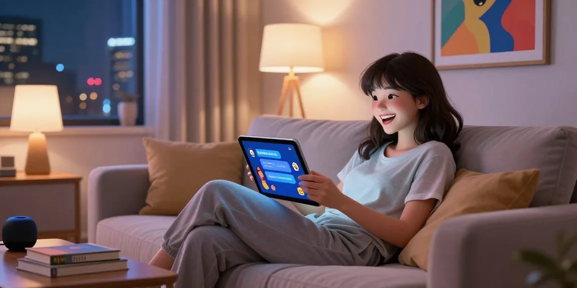 Engaging scene of a young woman enjoying an ai nsfw chat on a tablet in a cozy, vibrant living room.