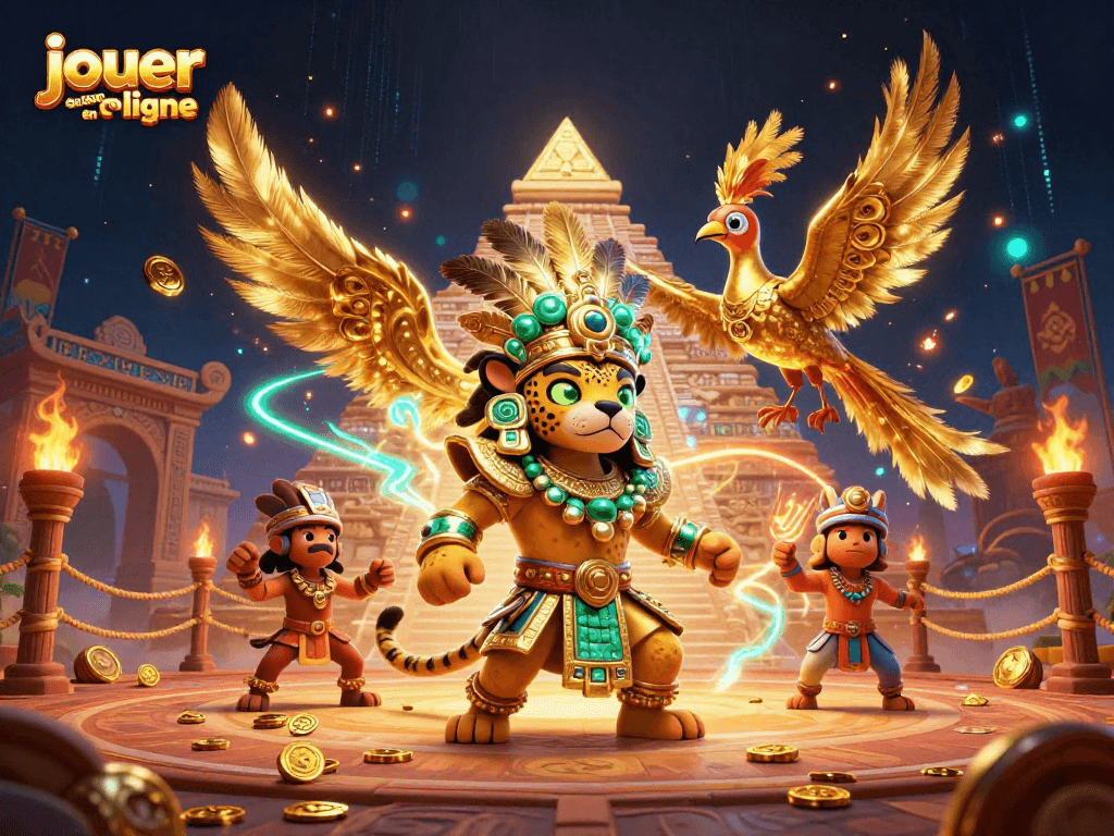 Jouer au casino en ligne avec un prêtre jaguar et un oiseau quetzal, ambiance dynamique et festive.