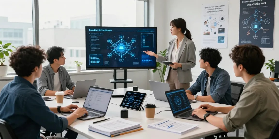 What is IoT network technology illustrated by a diverse team collaborating on smart devices and data analysis in a modern office.