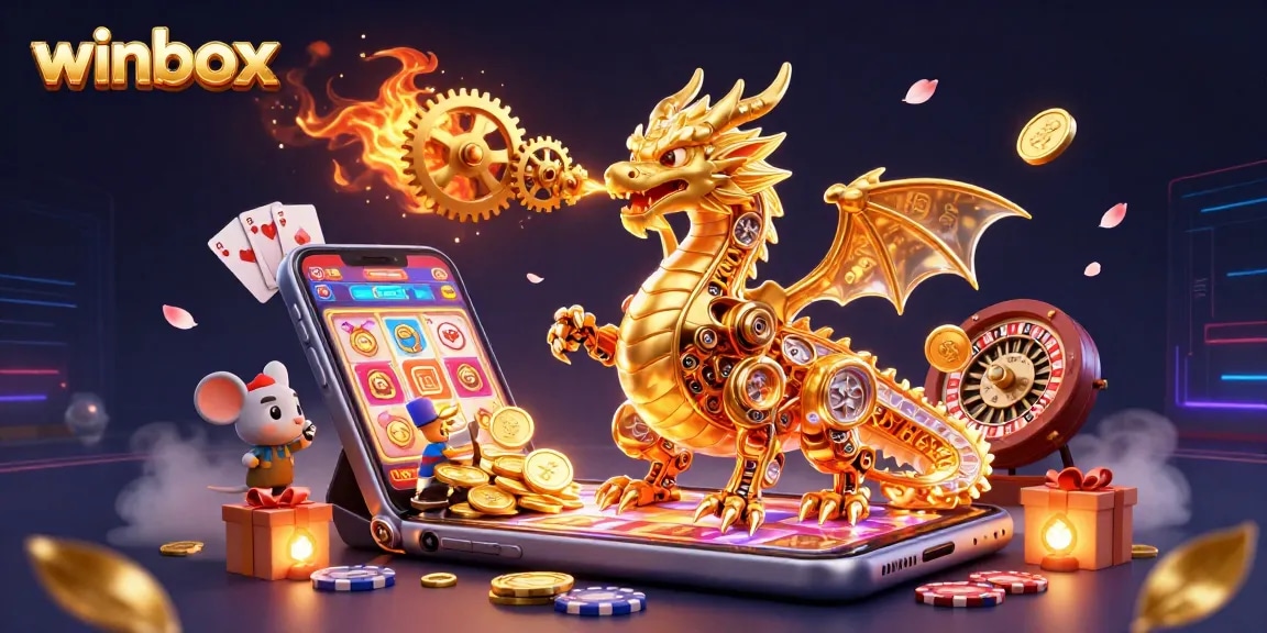 Winbox interactive gaming experience featuring a golden dragon amidst vibrant slot reels and gaming elements.