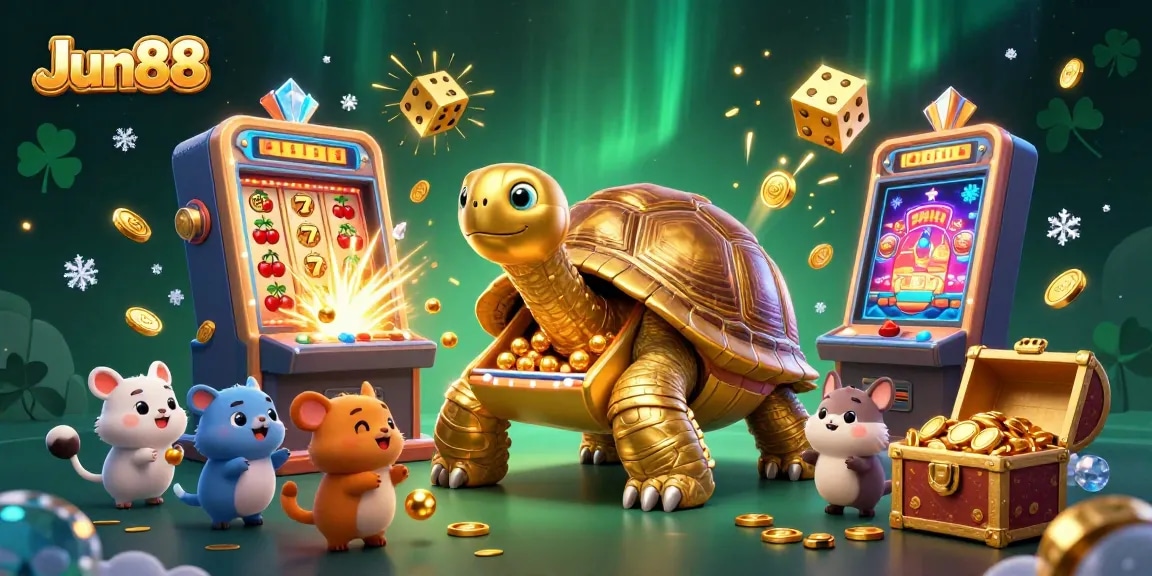 Engage in thrilling slot games at Jun88 with a vibrant illustration showcasing dynamic casino elements.