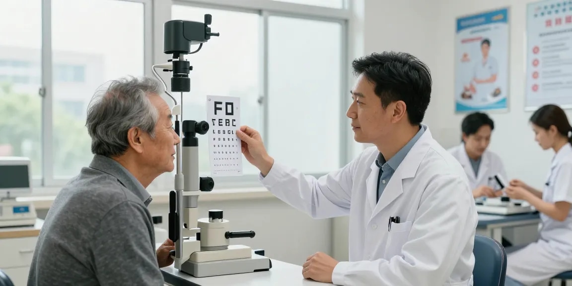 Elderly patient engaging in 黃斑病變檢查 with an ophthalmologist using Amsler grid test in a professional clinic.