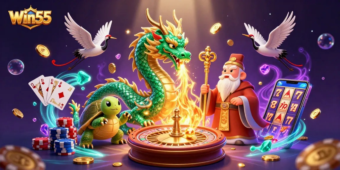 Experience Win55's vibrant gambling world with exciting characters and dynamic casino elements.