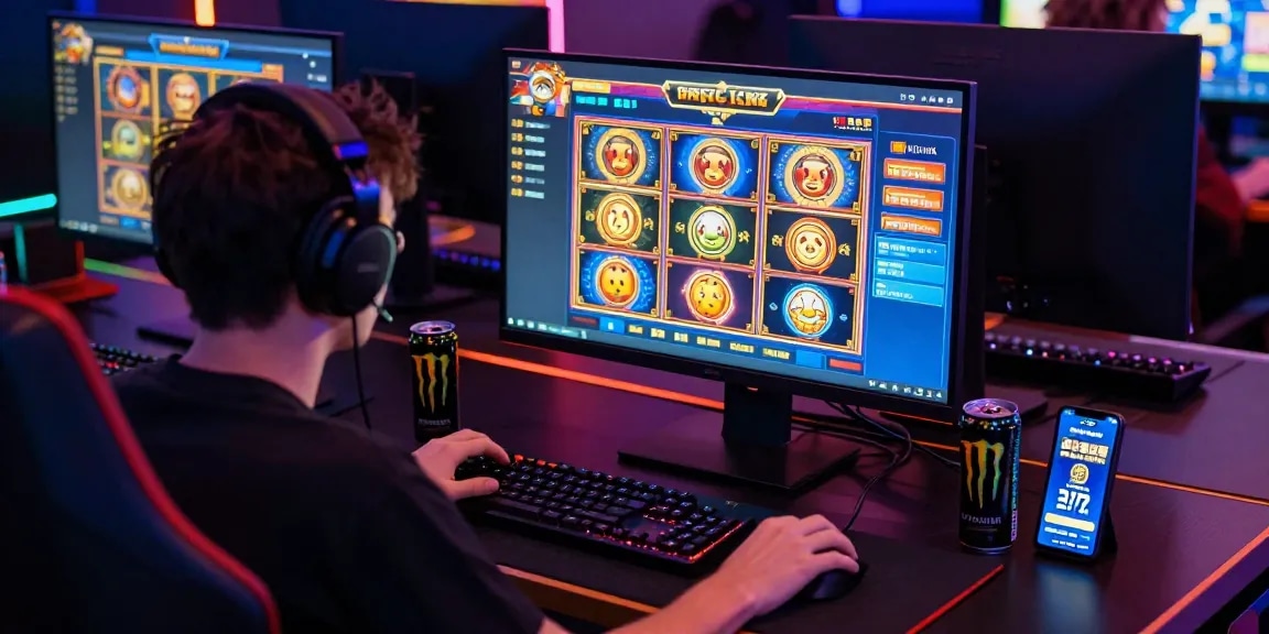Engaged user at gaming desk enjoying online casino at https://raja328masuk.com/ with dynamic LED lights, gaming setup.