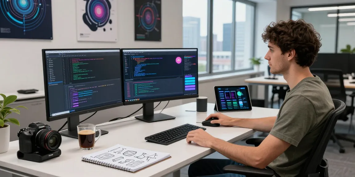 Developer exploring ChatGPT alternatives in a modern workspace filled with high-tech gadgets and vibrant code.