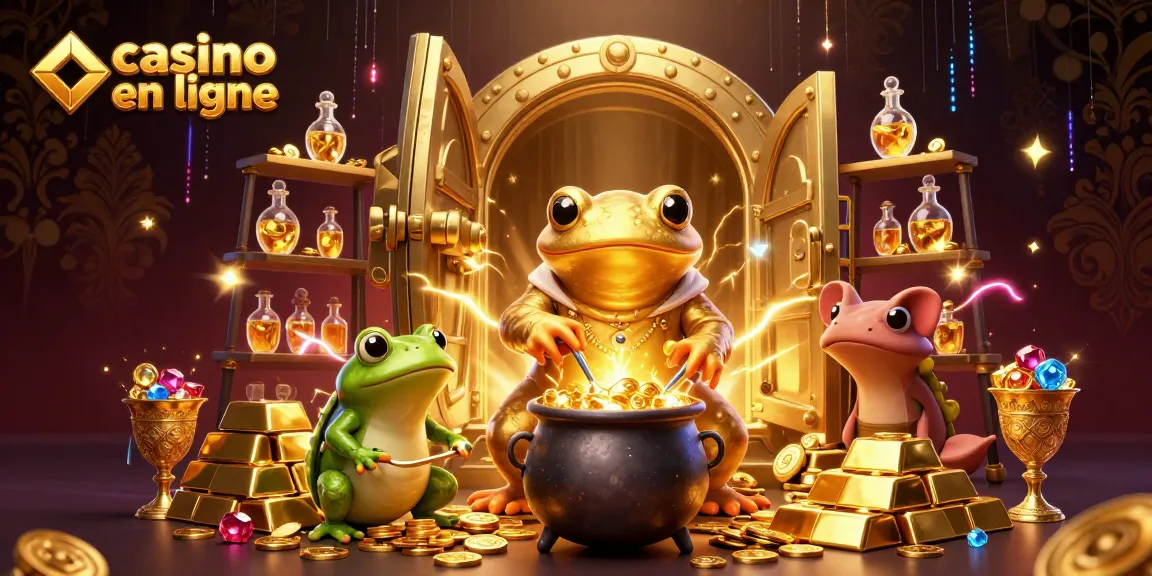 Plongez dans l'univers du casino en ligne avec une illustration 3D colorée d'un alchimiste et ses assistants en pleine action.