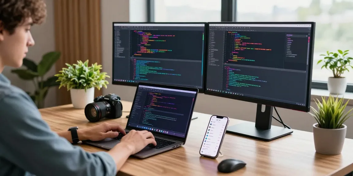 Person engaging with the 纸飞机中文版 app in a modern tech workspace with coding displayed on multiple screens.
