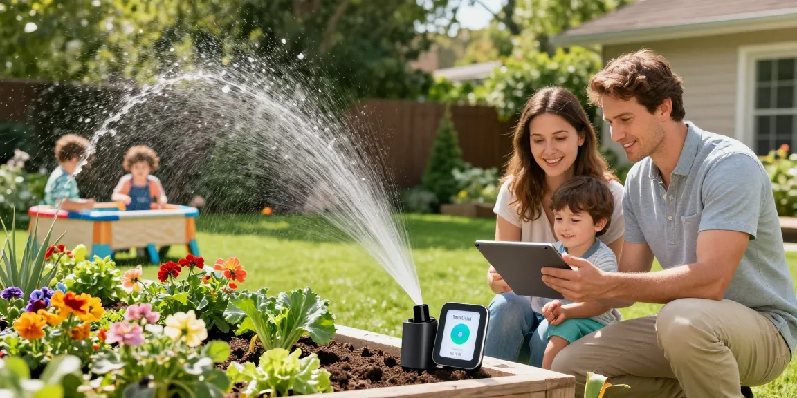 Family using the RainPoint automatic watering system in their flourishing garden during a sunny day, showcasing modern irrigation convenience.
