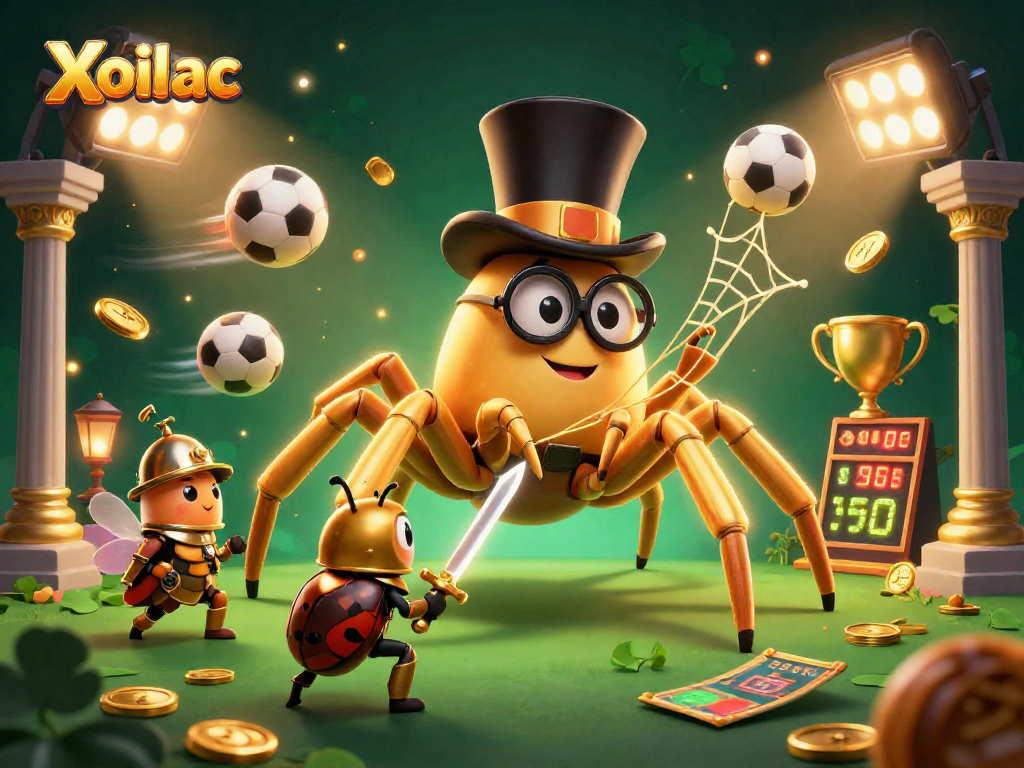 Xoilac excites players with a vibrant 3D casino scene featuring a golden tarantula and beetle knight.
