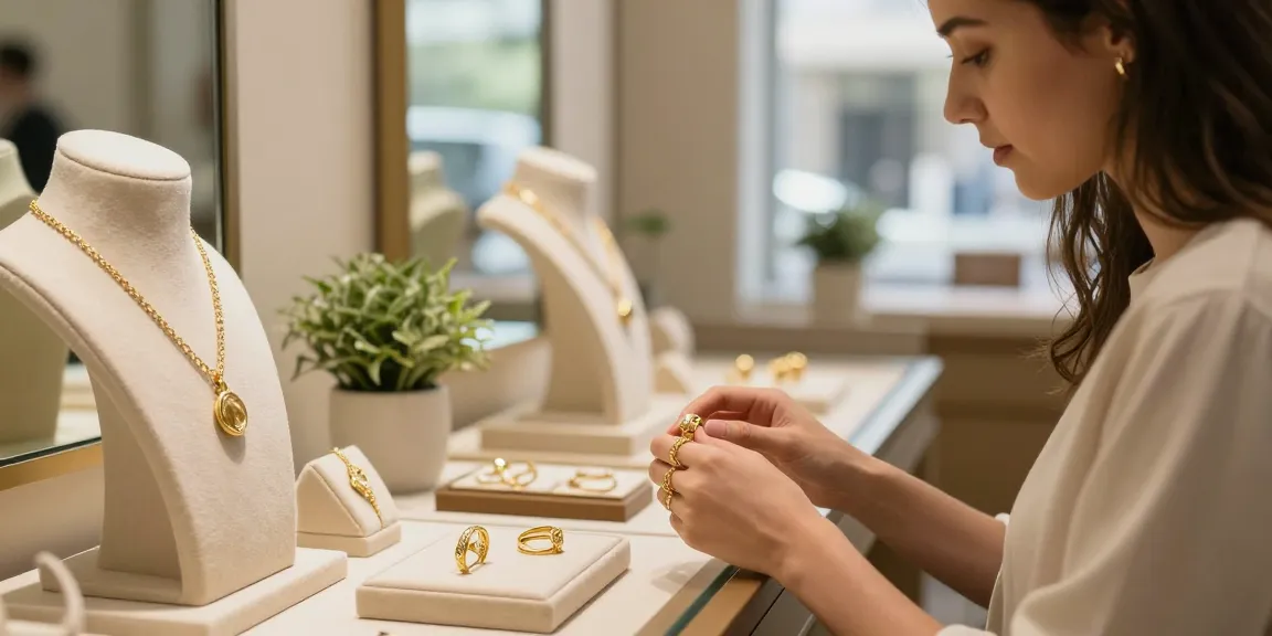 Customer exploring gold jewelry display at https://bahraingoldprices.com/ boutique, showcasing elegant 24K pieces.