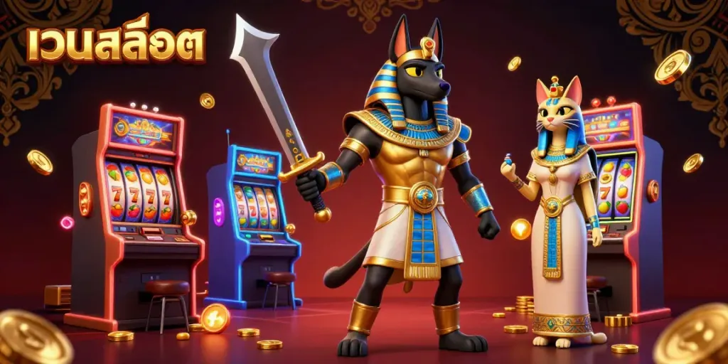 Explore เว็บสล็อต in a vibrant 3D scene featuring Anubis and Bastet with dynamic slot machine action.