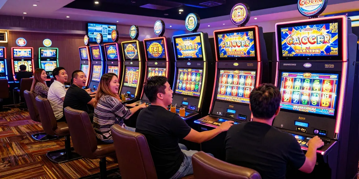 Players celebrating wins at slot gacor machines in a lively casino atmosphere.