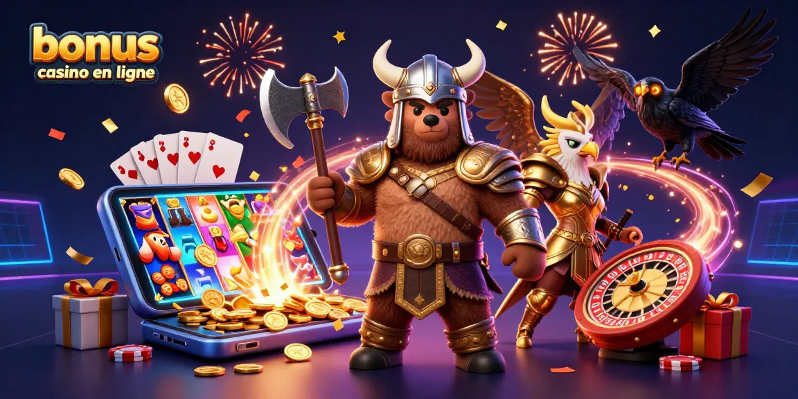 Le bonus casino en ligne offre des gains excitants avec une illustration dynamique des éléments de jeu.