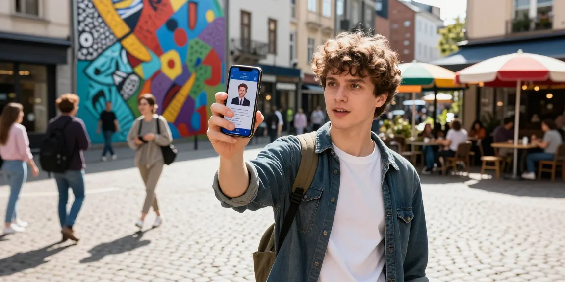 How old do I look? Young adult using age estimation app in vibrant city.