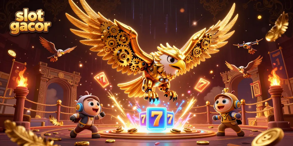 Experience the thrill of slot gacor with dynamic 3D characters diving through winning reels and golden coins.