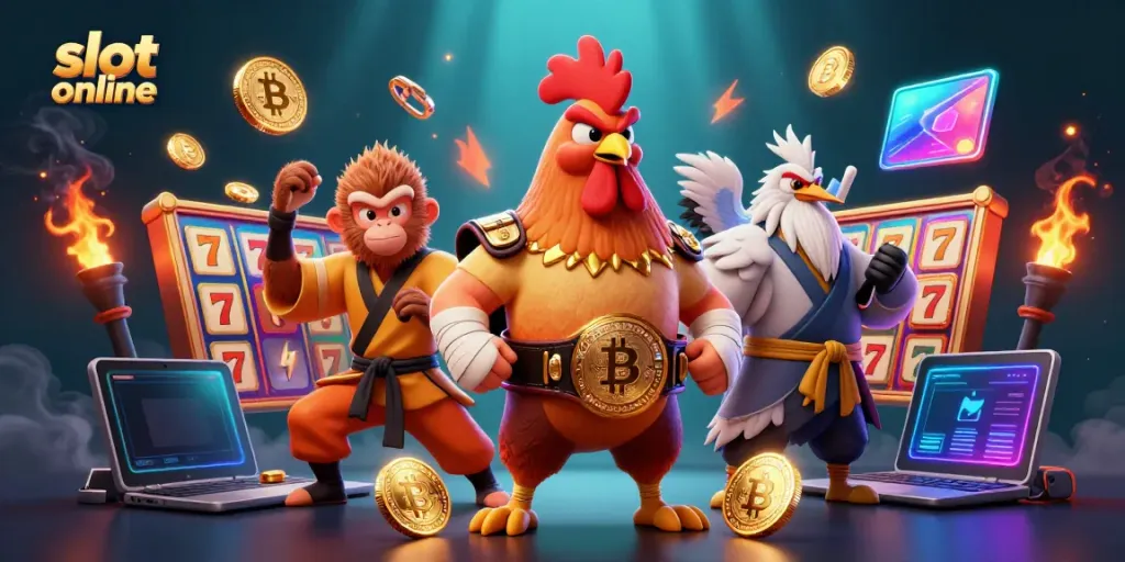Slot online menarik dengan ilustrasi 3D ayam Muay Thai, monyet Shaolin, dan guru bangau, dikelilingi elemen jackpot.