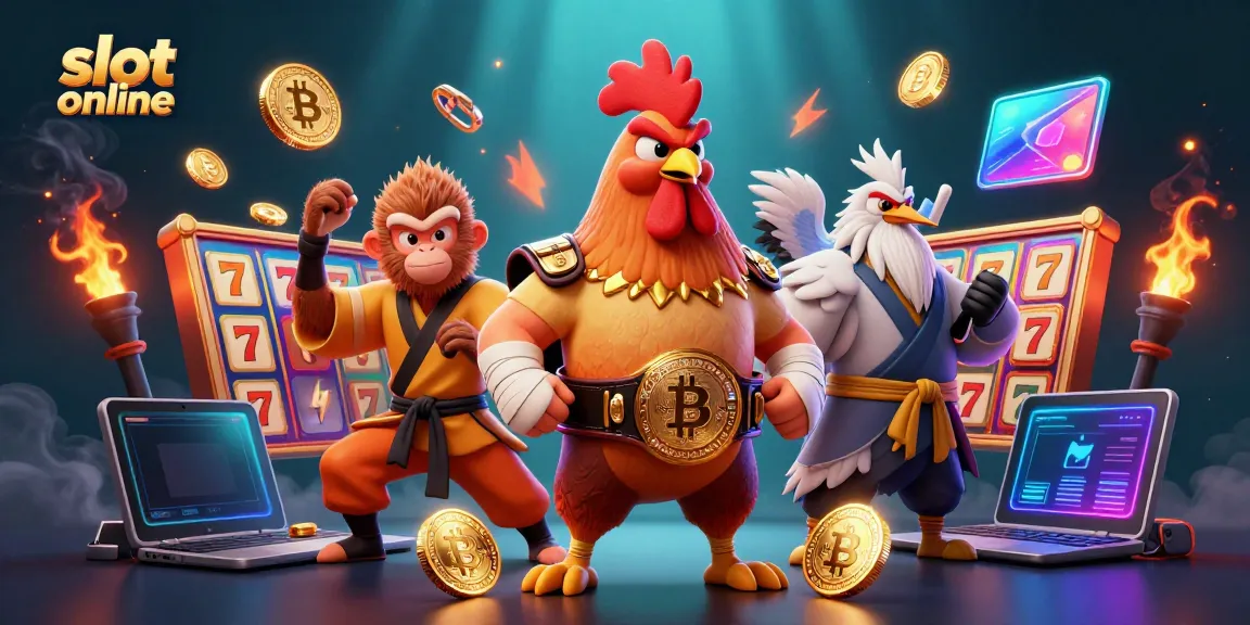 Slot online menarik dengan ilustrasi 3D ayam Muay Thai, monyet Shaolin, dan guru bangau, dikelilingi elemen jackpot.