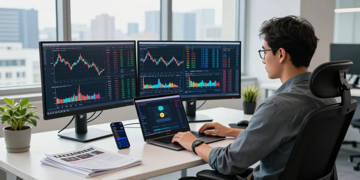 Engaged trader analyzing OKX reviews and market data in modern office