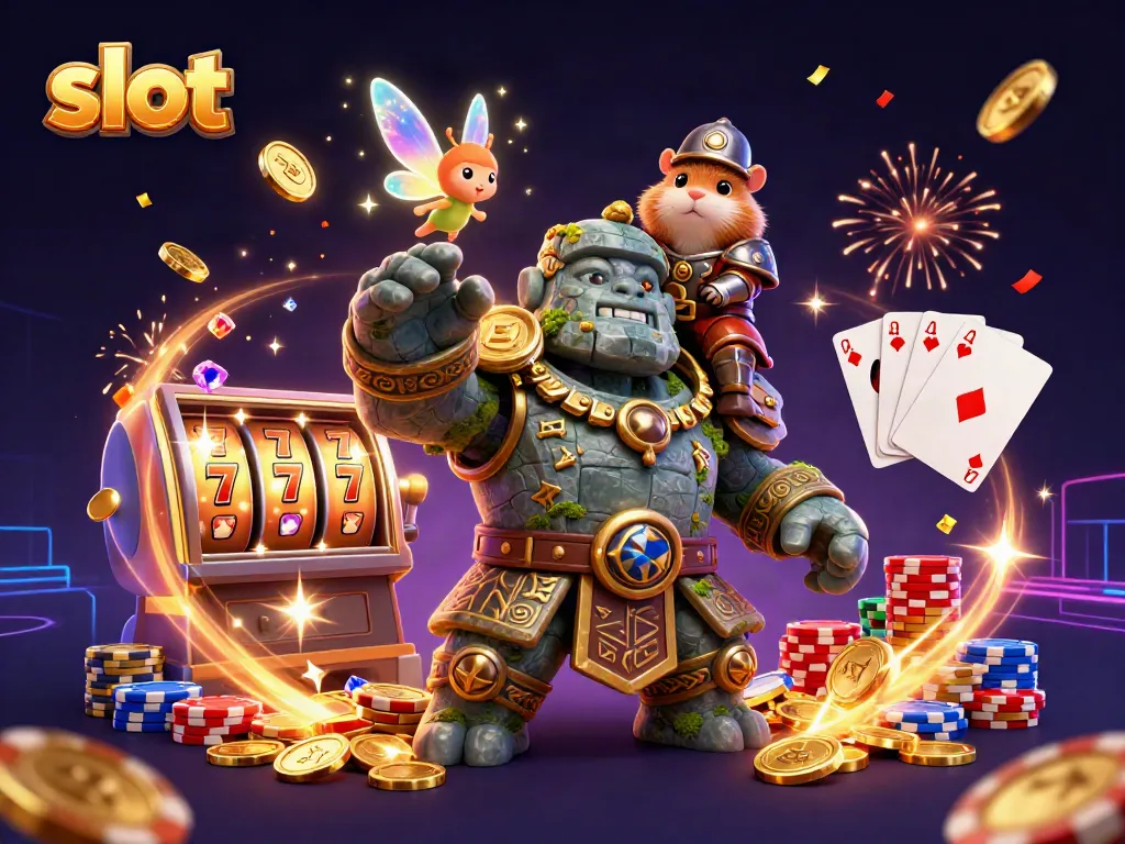 Mesin slot penuh keberuntungan dengan karakter golem, peri, dan ksatria hamster di tengah pesona kasino.