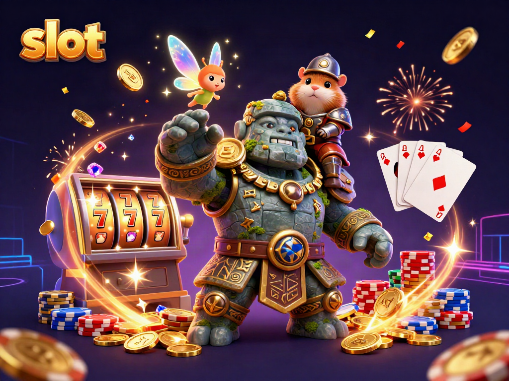 Mesin slot penuh keberuntungan dengan karakter golem, peri, dan ksatria hamster di tengah pesona kasino.