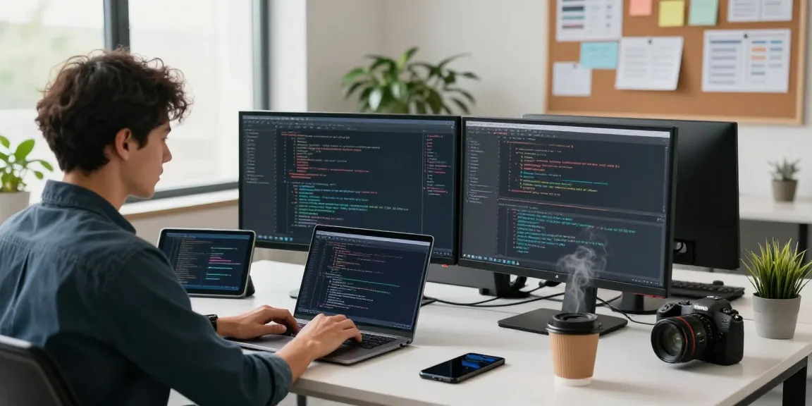 Efficient workspace with a developer coding on laptop while using 纸飞机中文版 for communication in a vibrant tech environment.