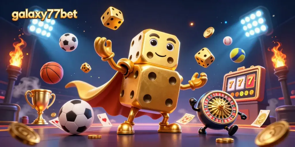 Join the excitement of galaxy77bet with golden dice golems and sports elements in this vibrant casino scene.
