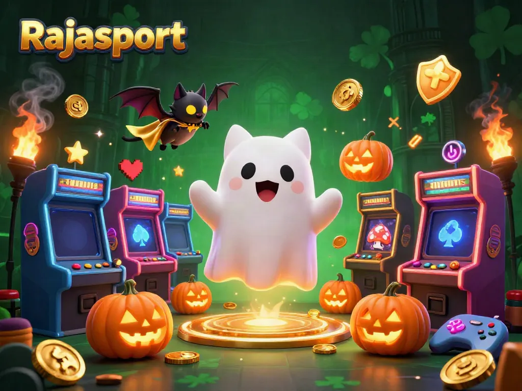 menggambarkan Rajasport, kucing hantu mengapung di kasino berhantu dengan permainan bertema kasino.