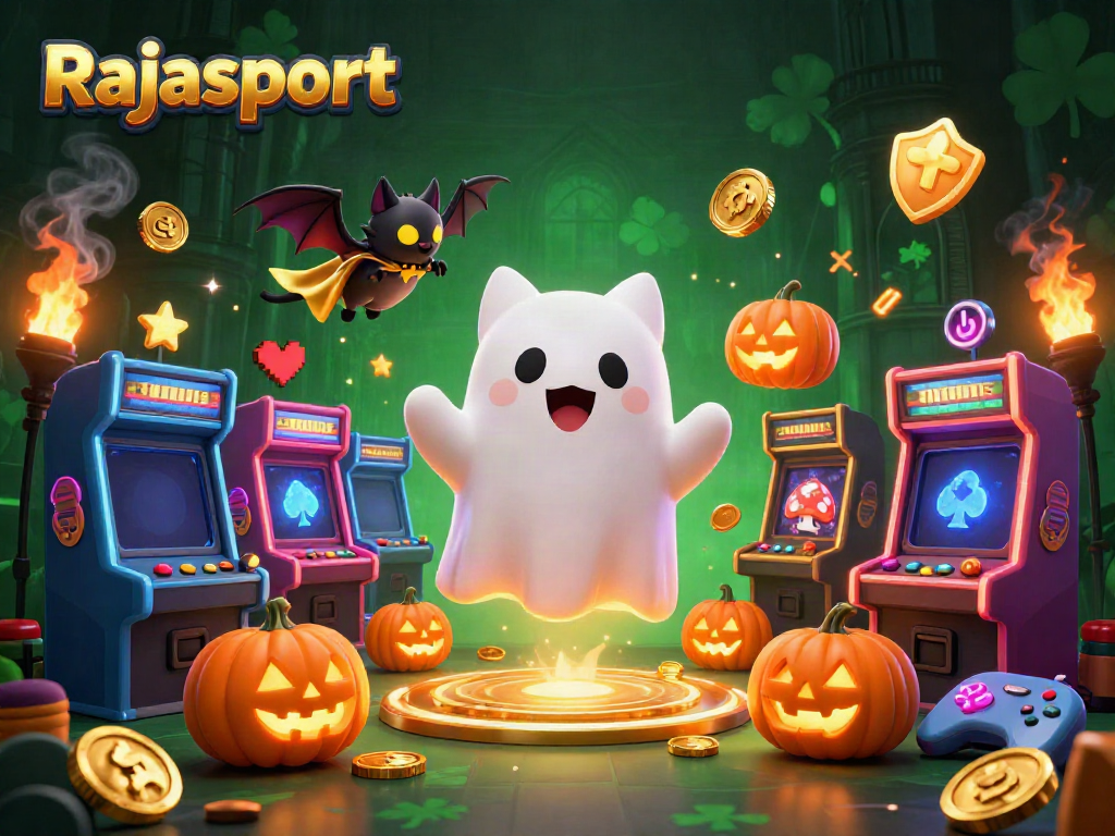menggambarkan Rajasport, kucing hantu mengapung di kasino berhantu dengan permainan bertema kasino.