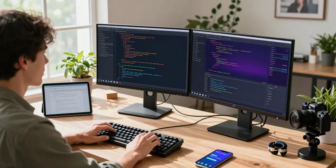 Workspace showcasing a developer coding with 纸飞机中文版 on dual monitors amidst plants and tech gadgets.