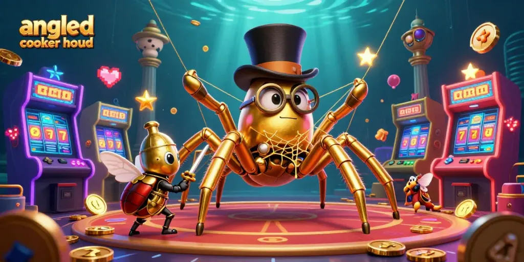 Engage with an angled cooker hood inspired scene featuring a golden spider wizardry amid a bustling casino atmosphere.