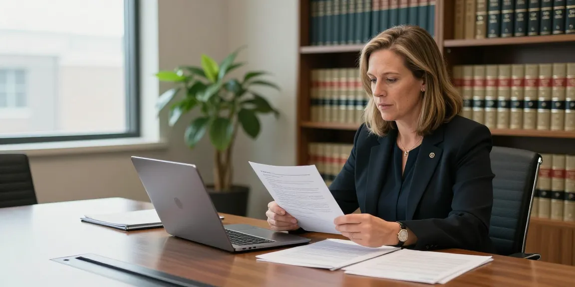 Karen McCleave Toronto engaging in a legal case briefing in a modern office.