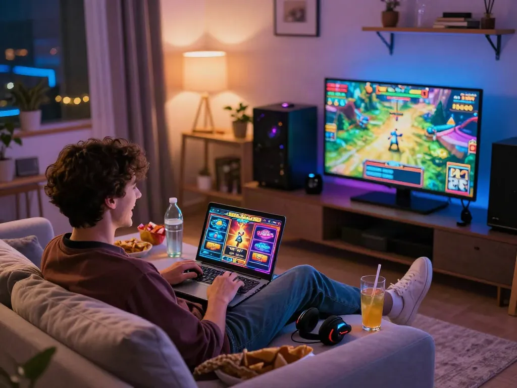 Young adult enjoying luxury12 online slot game in a vibrant living room setting