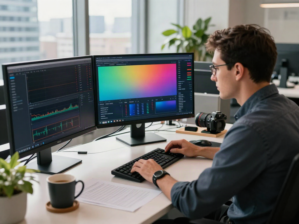 TradingView analysis scene with a professional trader using multiple screens in a modern office