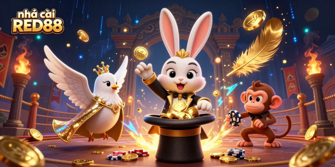 Engage with nhà cái RED88 in a vibrant casino adventure featuring a magician rabbit and monkey.